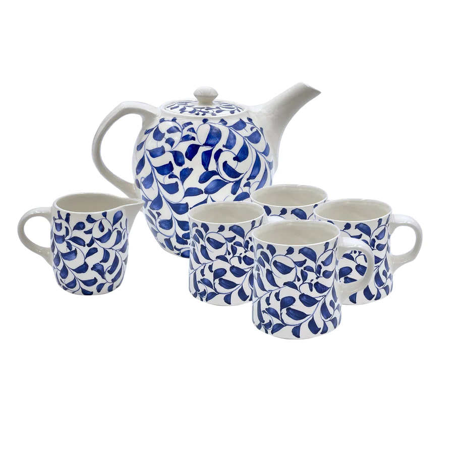 Villa Bologna Pottery-Tea Set in Light Blue, Scroll, 6 Piece