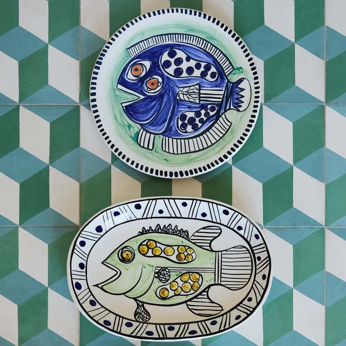 Villa Bologna Pottery-Small Oval Platter, Green Gozo Fish