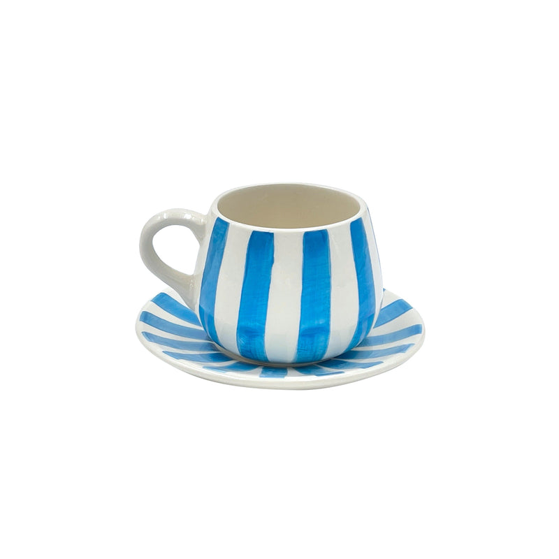 Villa Bologna Pottery-Coffee Cup & Saucer in Light Blue, Stripes