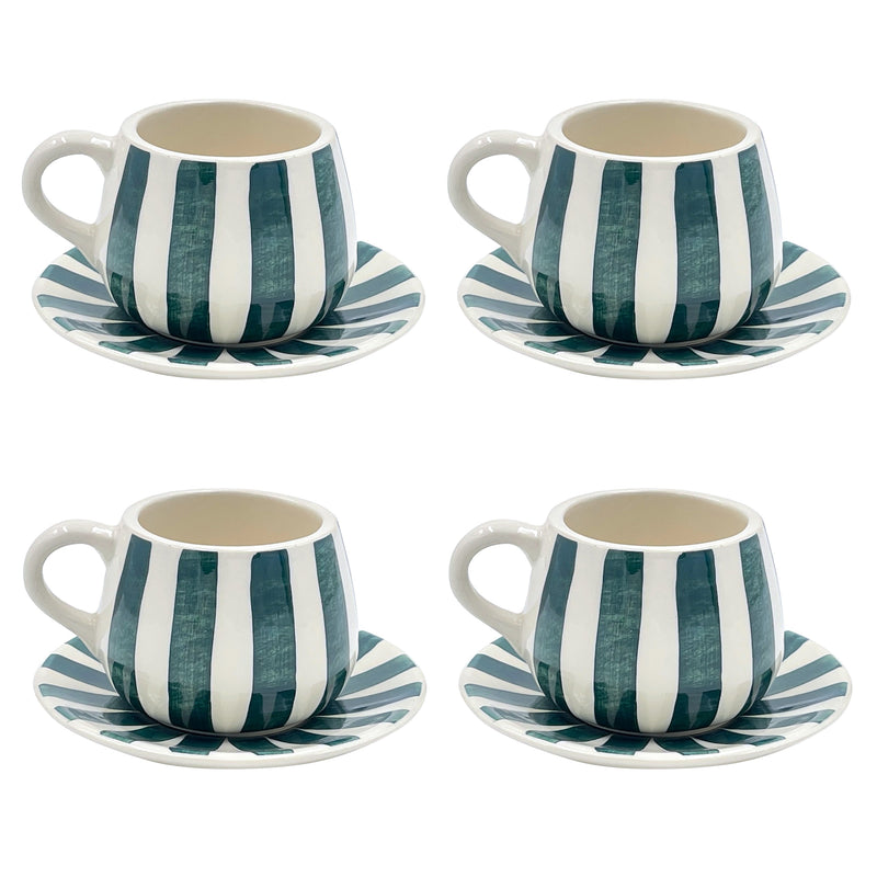 Villa Bologna Pottery-Coffee Cup & Saucer in Green, Stripes, Set of Four