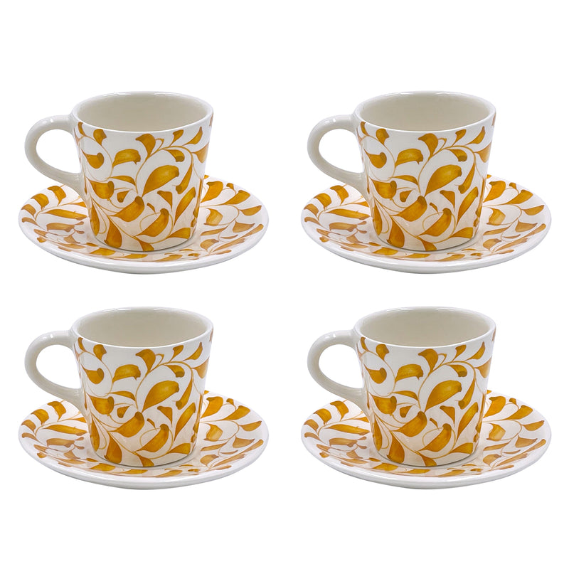 Villa Bologna Pottery-Espresso Cup & Saucer in Yellow, Scroll, Set of Four