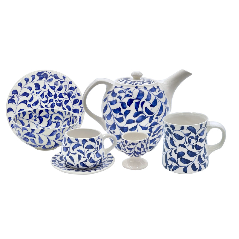 Villa Bologna Pottery-Breakfast Set in Navy Blue, Scroll, 25 Piece