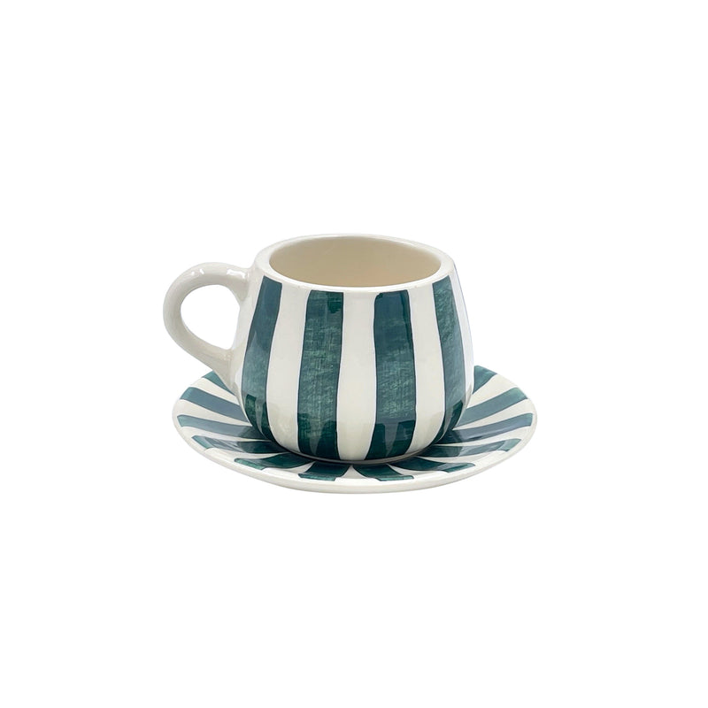 Villa Bologna Pottery-Coffee Cup & Saucer in Green, Stripes