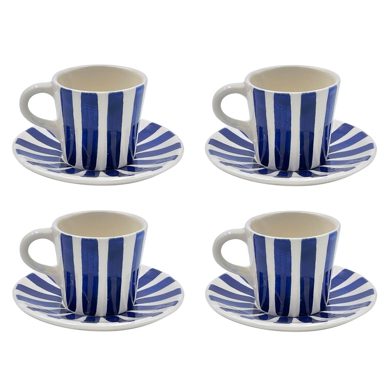 Villa Bologna Pottery-Espresso Cup & Saucer in Navy Blue, Stripes, Set of Four