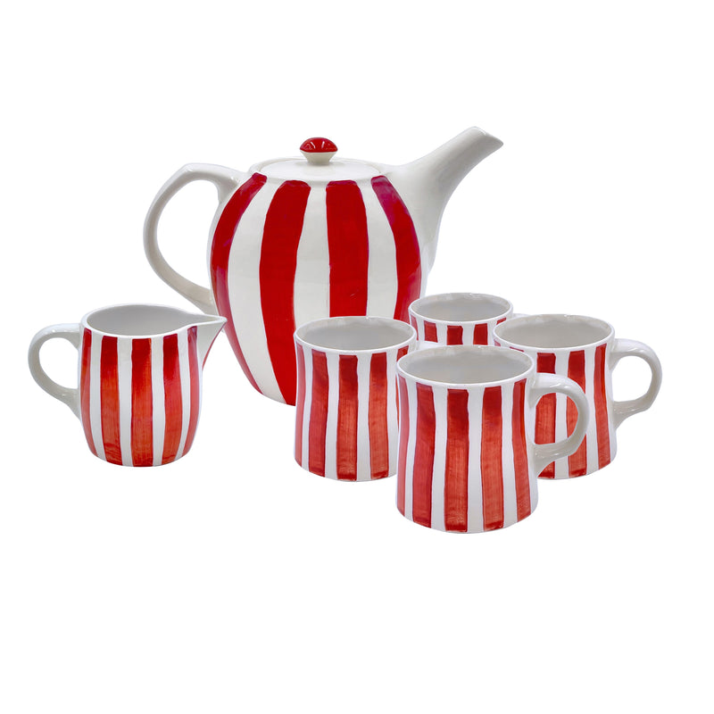 Villa Bologna Pottery-Tea Set in Red, Stripes, 6 Piece