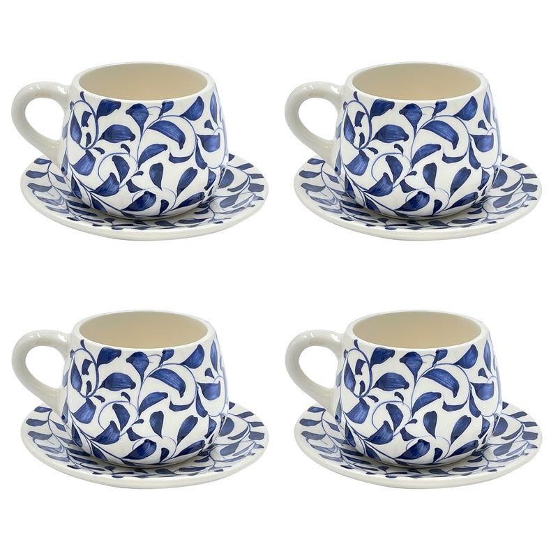 Villa Bologna Pottery-Coffee Cup & Saucer Scroll in Navy Blue, Set of Four