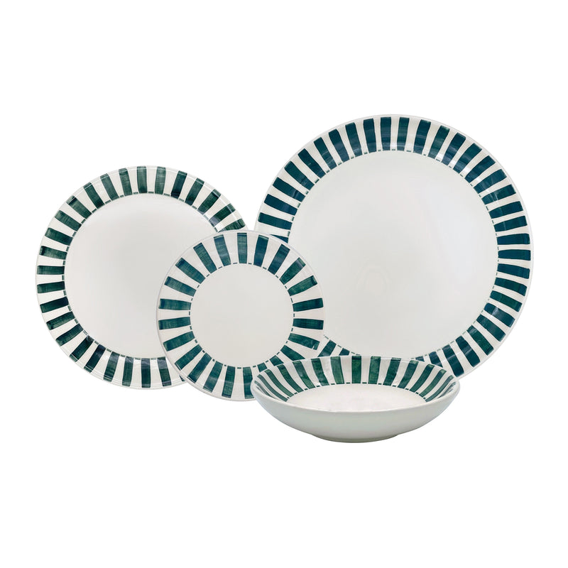 Villa Bologna Pottery-Dinner Set in Green, Stripes, 16 Piece