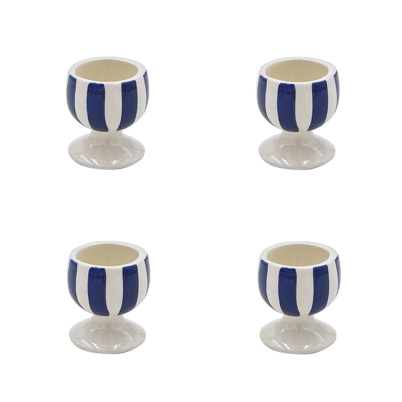 Villa Bologna Pottery-Egg Cup in Navy Blue, Stripes, Set of Four