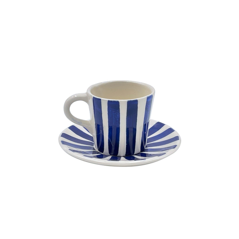 Villa Bologna Pottery-Espresso Cup & Saucer in Navy Blue, Stripes