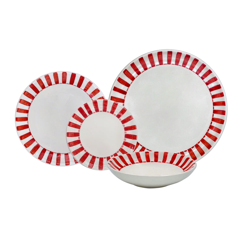 Villa Bologna Pottery-Dinner Set in Red, Stripes, 16 Piece