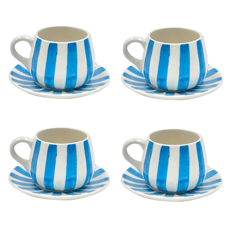 Villa Bologna Pottery-Coffee Cup & Saucer in Light Blue Set, Stripes, Set of Four