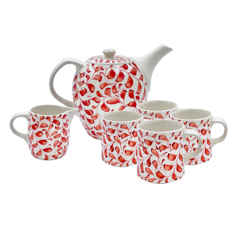 Villa Bologna Pottery-Tea Set in Red, Scroll, 6 Piece