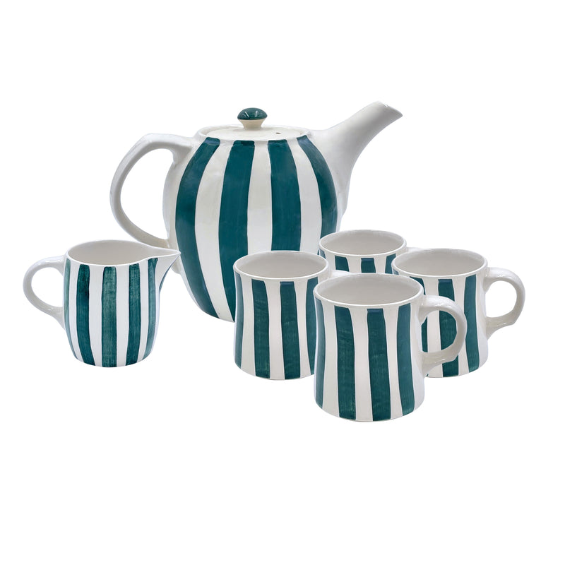 Villa Bologna Pottery-Tea Set in Green, Stripes, 6 Piece