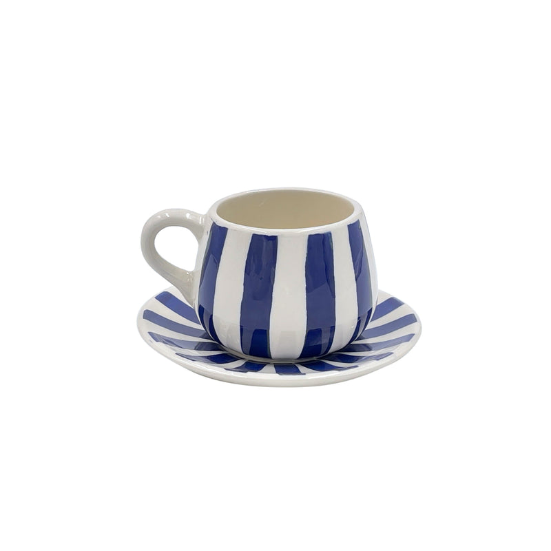 Villa Bologna Pottery-Coffee Cup & Saucer in Navy Blue, Stripes