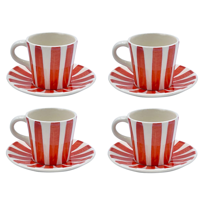 Villa Bologna Pottery-Espresso Cup & Saucer in Red, Stripes, Set of Four