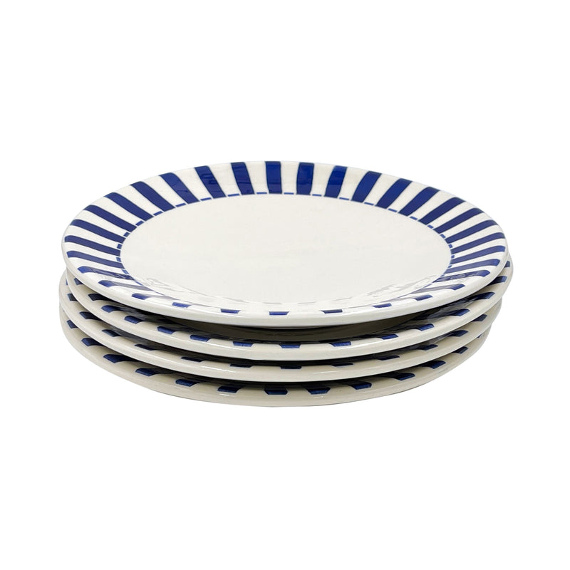 Villa Bologna Pottery-Dinner Plate in Navy Blue, Stripes, Set of Four