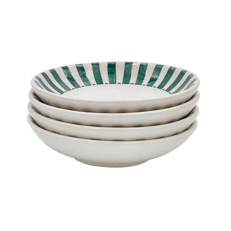 Villa Bologna Pottery-Pasta Bowl in Green, Stripes, Set of Four