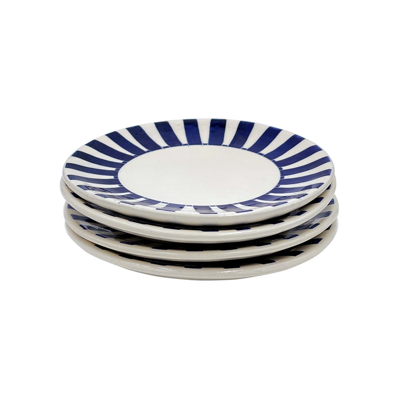 Villa Bologna Pottery-Side Plate in Navy Blue, Stripes, Set of Four