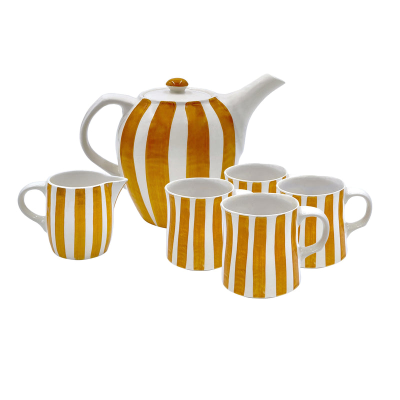 Villa Bologna Pottery-Tea Set in Yellow, Stripes, 6 Piece