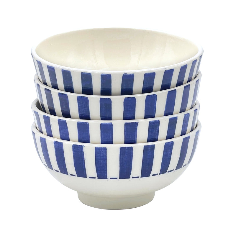 Villa Bologna Pottery-Medium Bowl in Navy Blue, Stripes, Set of Four