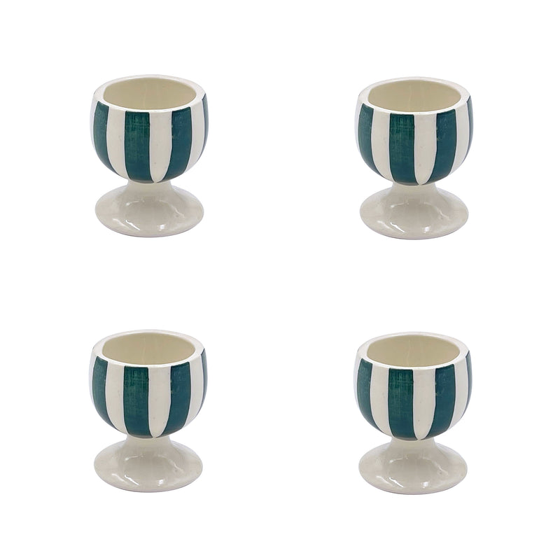 Villa Bologna Pottery-Egg Cup in Green, Stripes, Set of Four