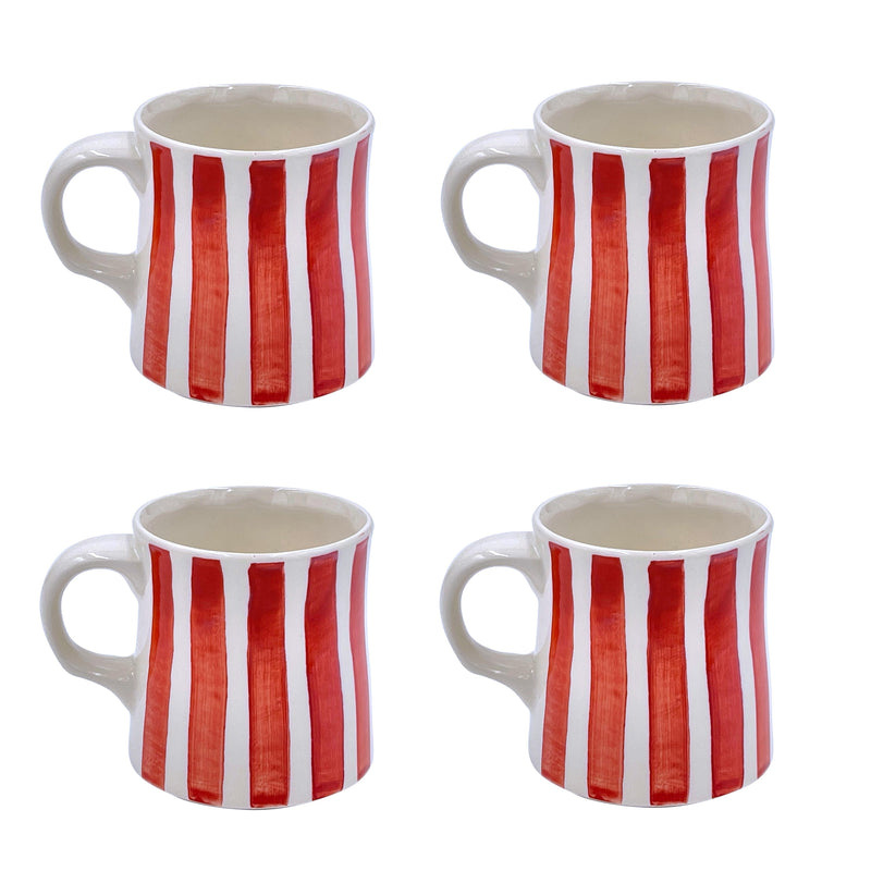 Villa Bologna Pottery-Mug in Red, Stripes, Set of Four