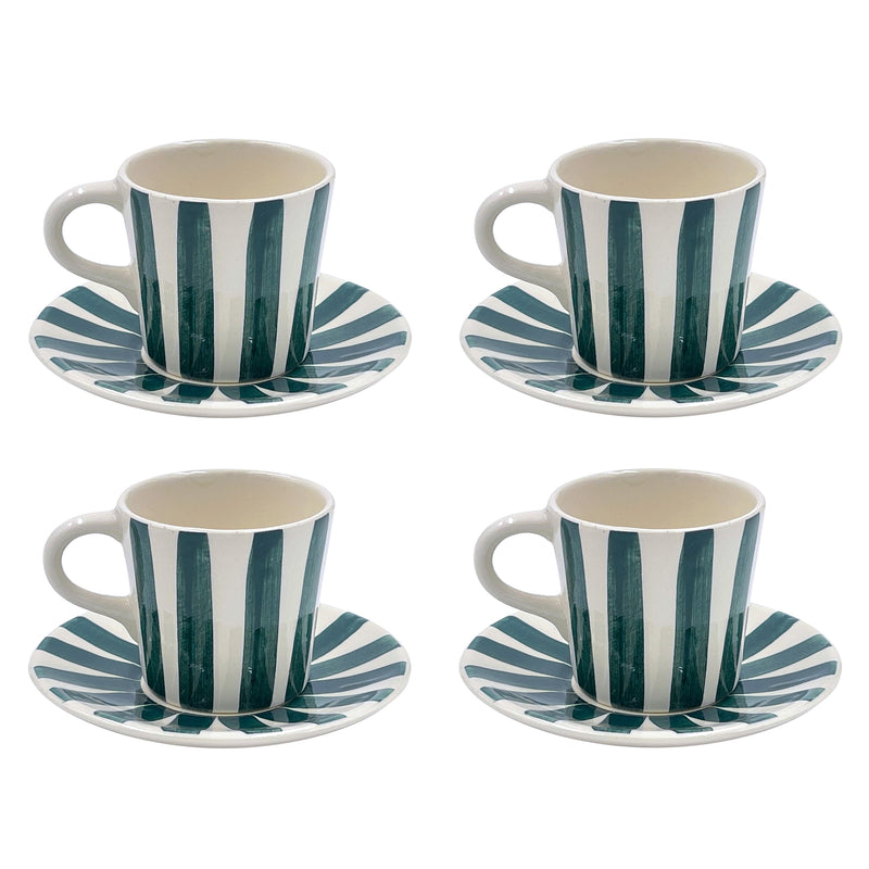 Villa Bologna Pottery-Espresso Cup & Saucer in Green, Stripes, Set of Four
