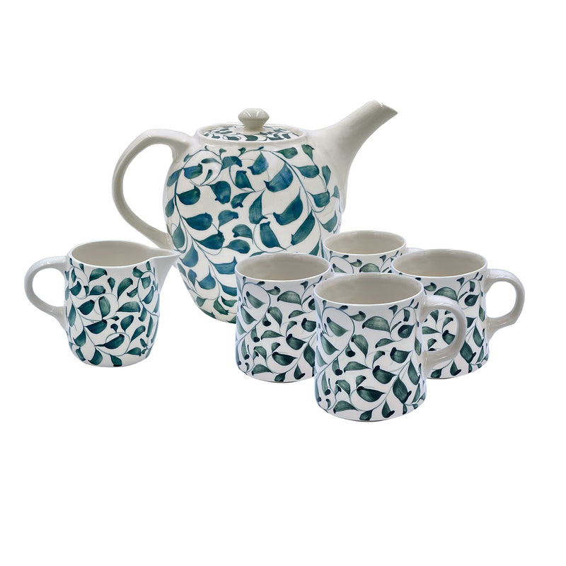 Villa Bologna Pottery-Tea Set in Green, Scroll, 6 Piece