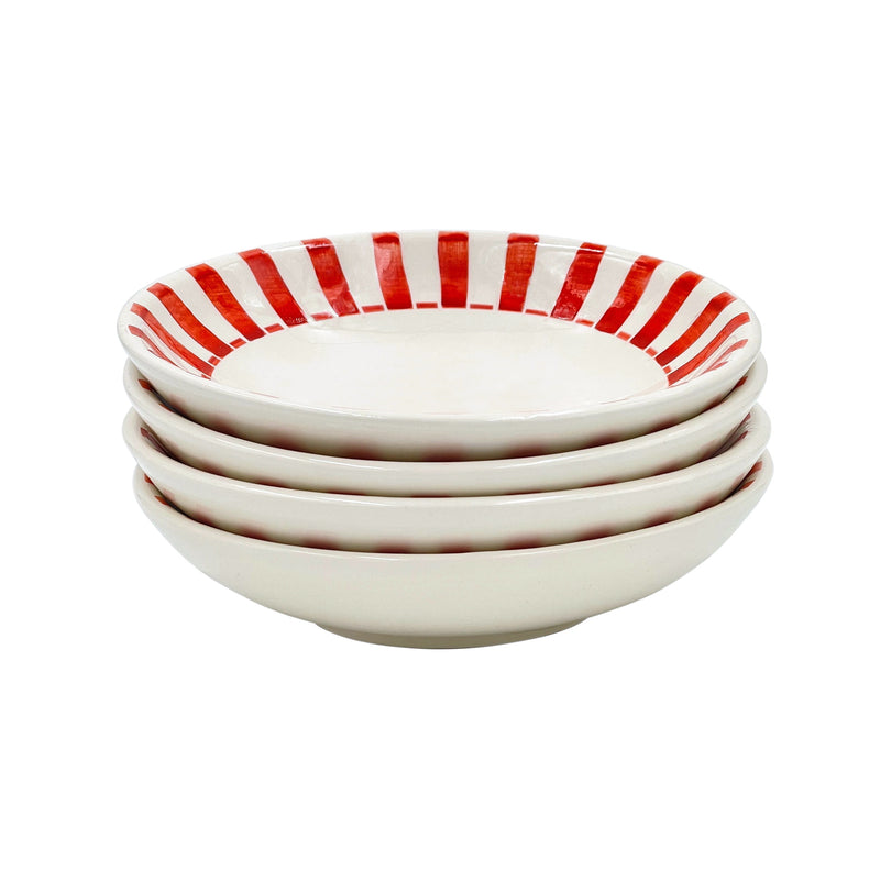 Villa Bologna Pottery-Pasta Bowl in Red, Stripes, Set of Four