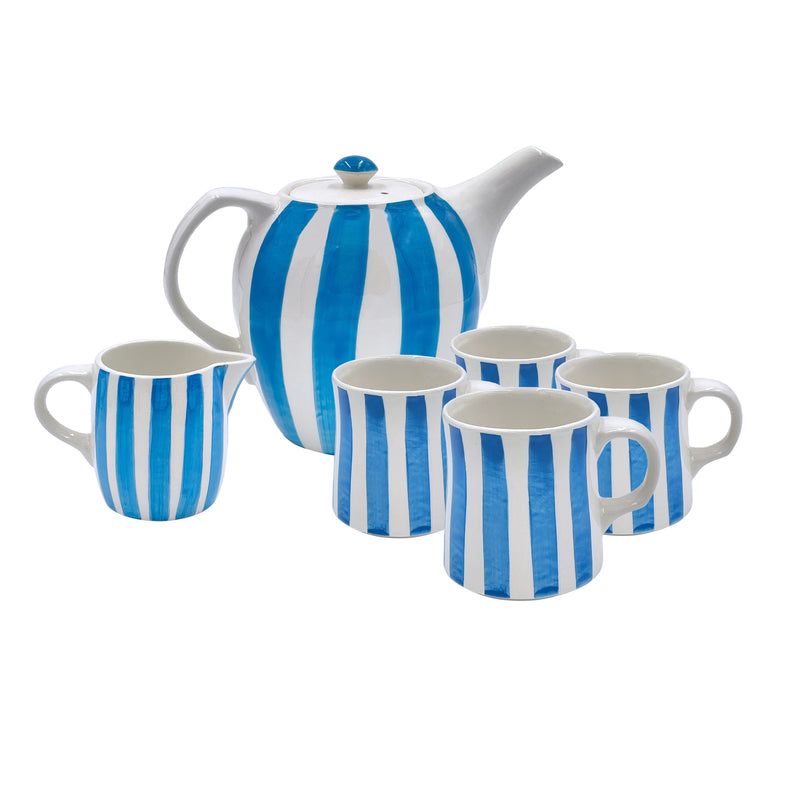 Villa Bologna Pottery-Tea Set in Light Blue, Stripes, 6 Piece