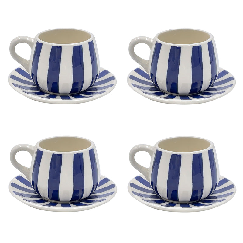 Villa Bologna Pottery-Coffee Cup & Saucer in Navy Blue, Stripes, Set of Four