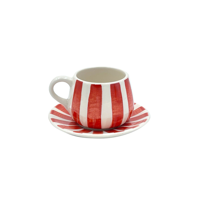 Villa Bologna Pottery-Coffee Cup & Saucer in Red, Stripes