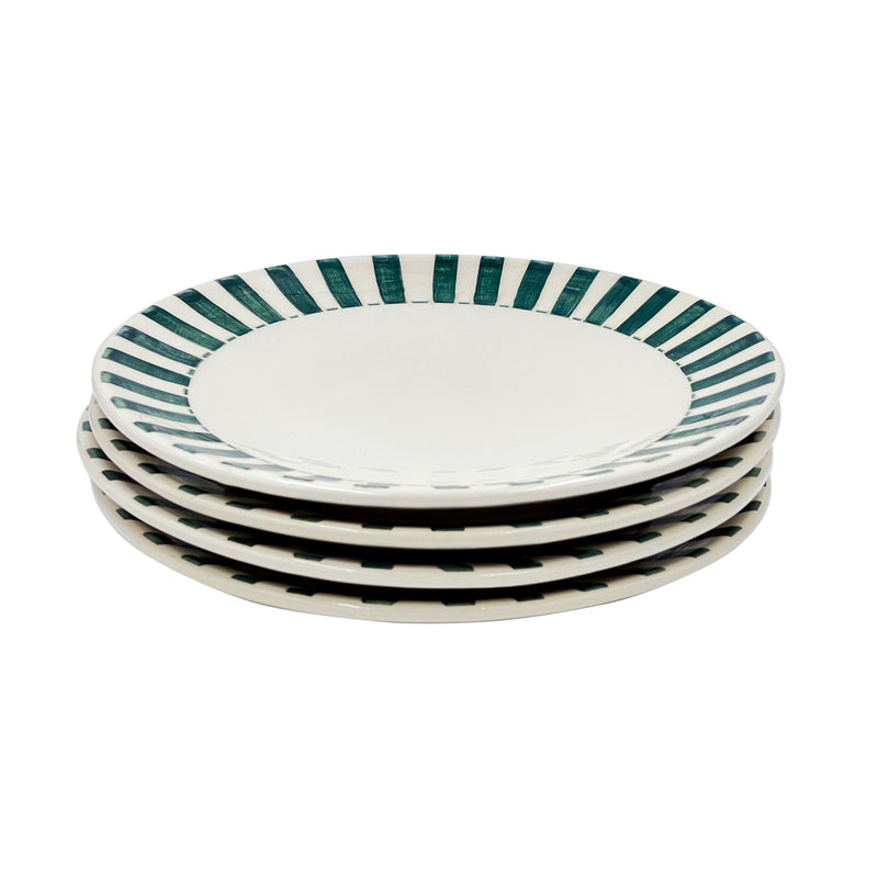 Villa Bologna Pottery-Dinner Plate in Green, Stripes, Set of Four
