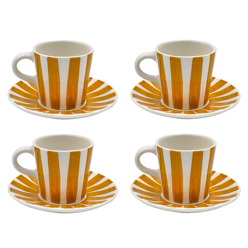 Villa Bologna Pottery-Espresso Cup & Saucer in Yellow, Stripes, Set of Four